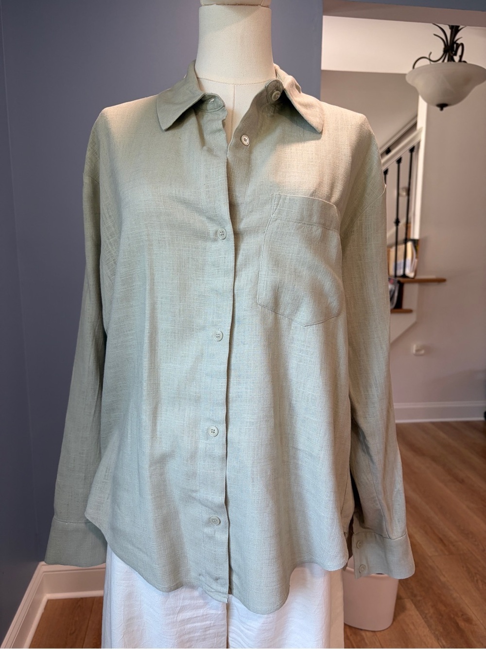 OAK + FORT Linen Blend Button Front Shirt Sage Green Relaxed Oversized Small